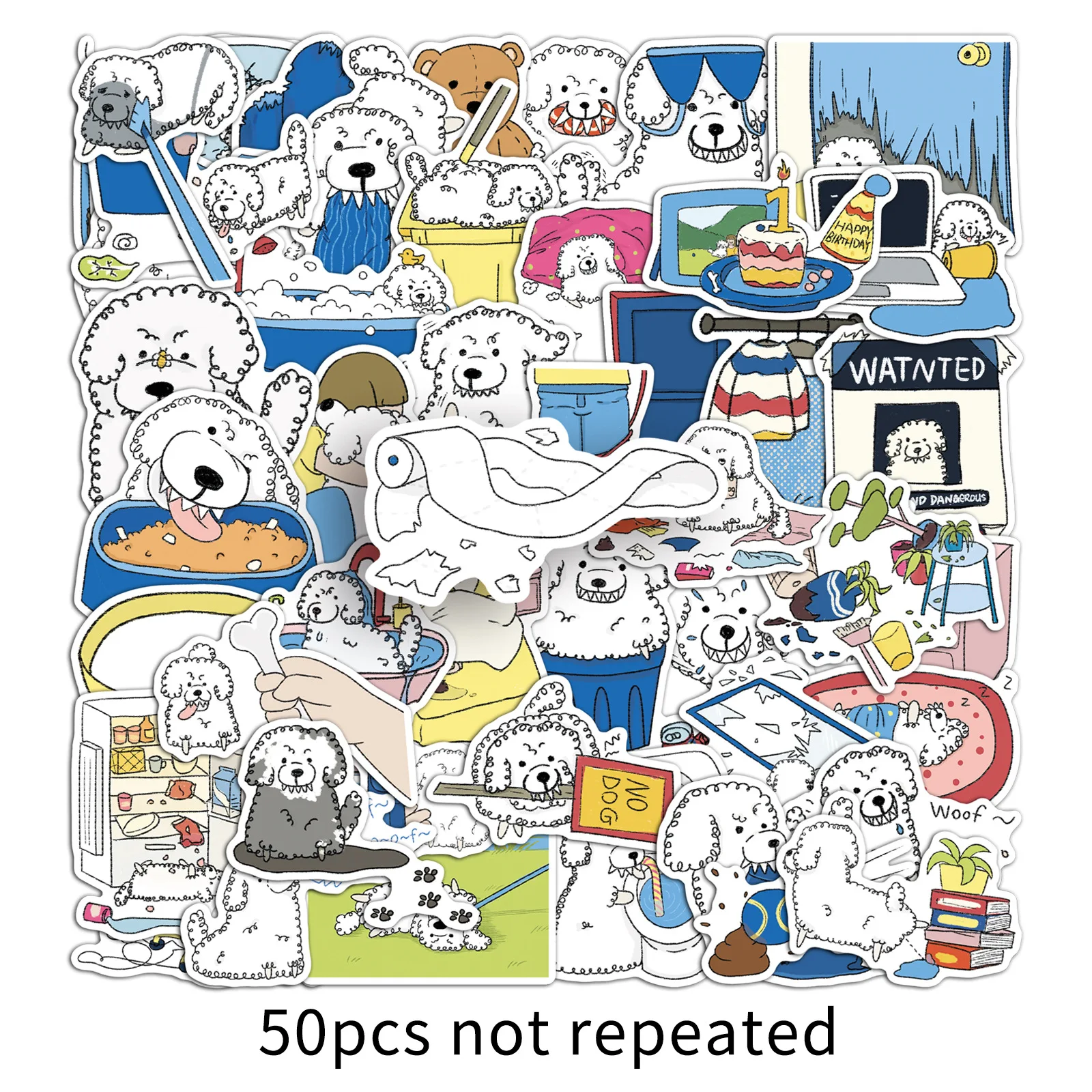 50PCS Creative White Dogs Stickers Stay-at-home Bad Dog Cartoon Decal DIY Luggage Phone Guitar Cup Scrapbook Classic Kid Toys