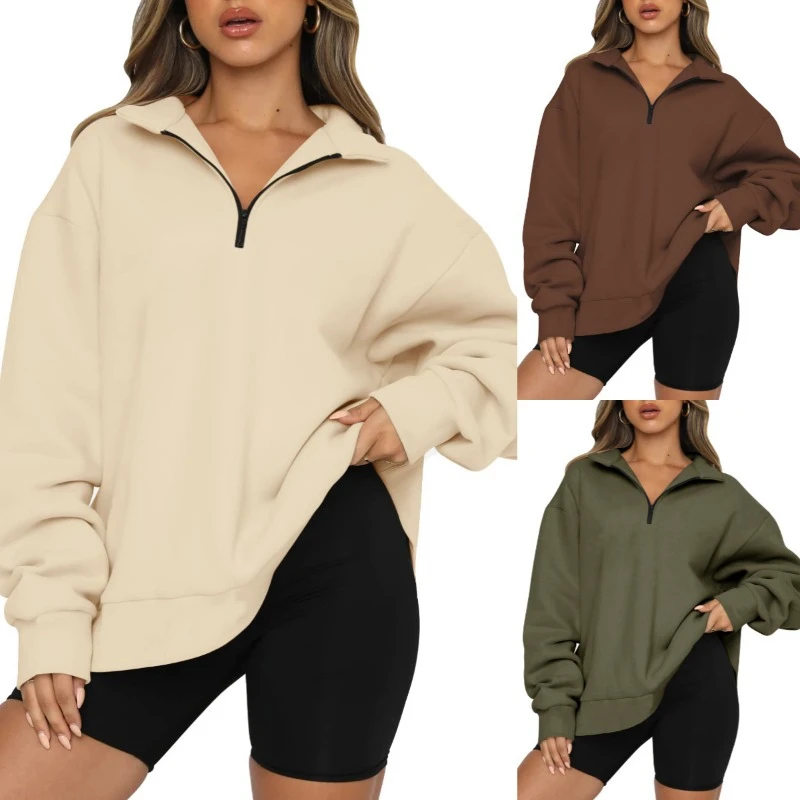 

2024 Autumn Winter Women Casual Loose Versatile Long Sleeve Sweatshirt Solid Color Half Zip Drop Pullover Tunic Top undershirt