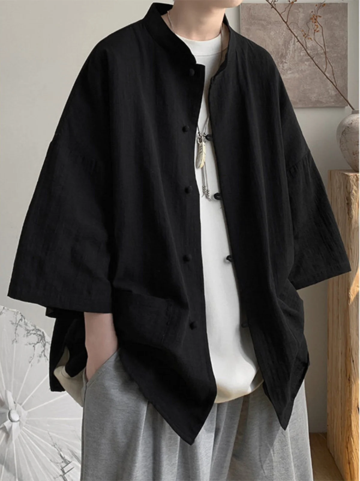 

New Chinese Sle Linen ort Sve irt Men's Summer Thin Seven Sve Zhongan Tang Costume Large Size Cotton Linen irt