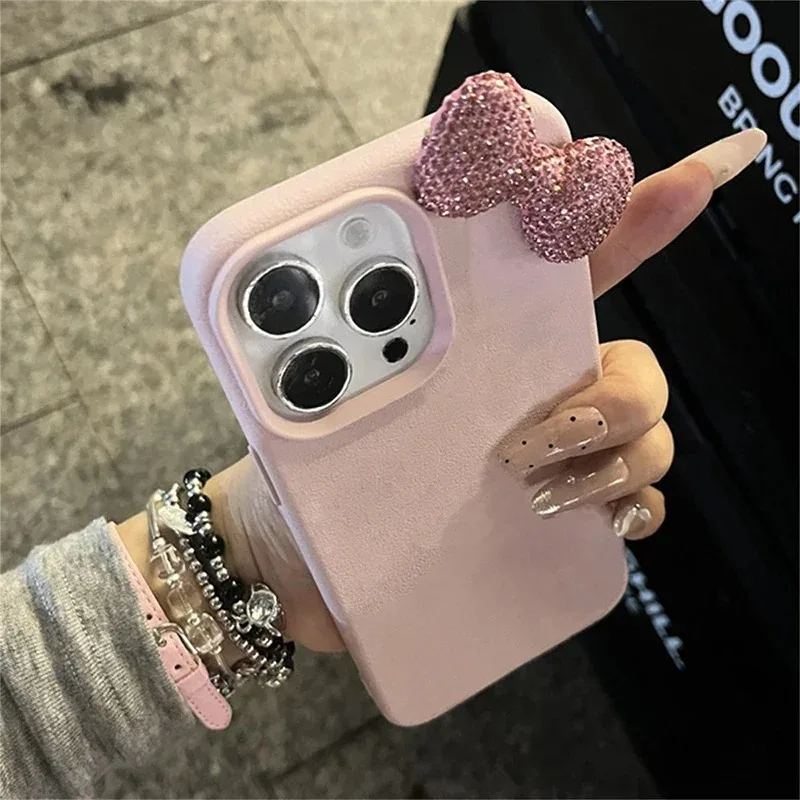 3D-Strass-Schleife, Litchi-Muster, stoßfeste Handyhülle aus Leder für iPhone 18 17 16 15 14 13 12 11 Pro Max X XR XS 16E 17E Cover – Detail 5