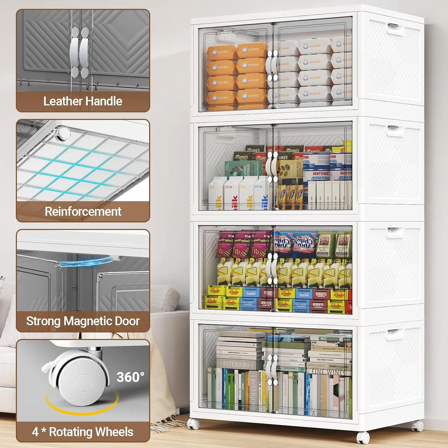 صناديق تخزين كبيرة قابلة للتكديس 640 كيو تي، منظم بلاستيكي شفاف سعة 160 جالون مع غطاء وعجلات، 4 عبوات باللون الأبيض #4