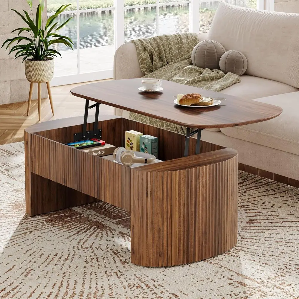 

Oval Lift Top Coffee Table with Storage Shelf for Living Room, Rustic Lift Up Tabletop Mid Century Center Tables with Hidden Com