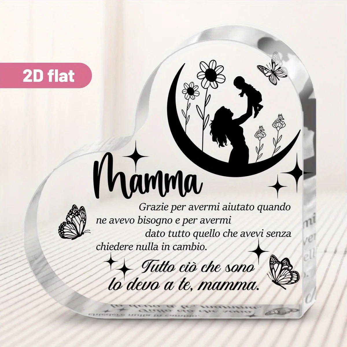 Plaque acrylique en forme de cœur pour maman, poème italien, décoration florale, lune, cadeau