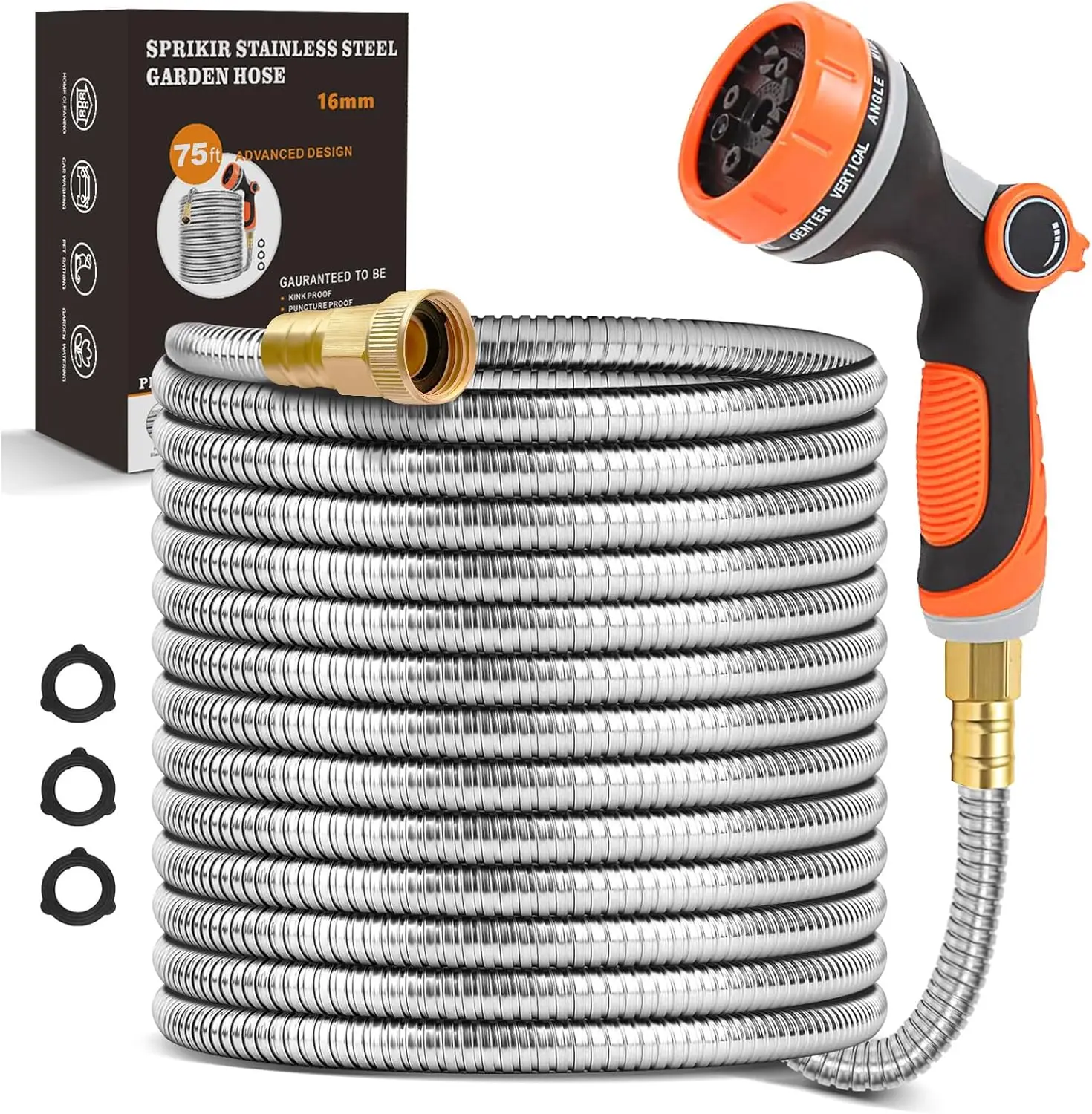 Metal Garden Hose 75ft, Stainless Steel Water Hose 75ft with 10 Function Sprayer Nozzle