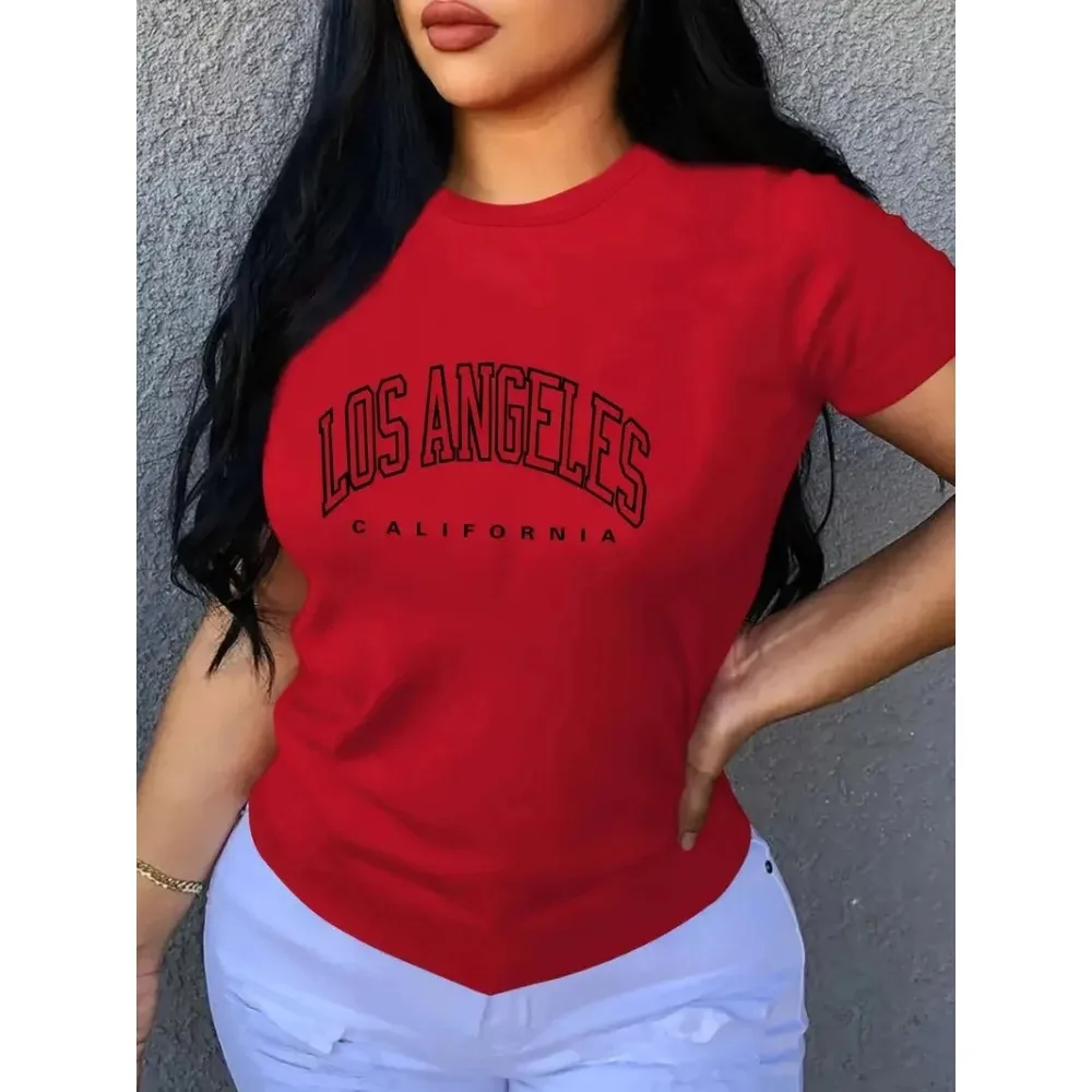 Plus-size LOS ANGELES Letter Print Crew Neck T-shirt, Casual Loose Short Sleeve Fashion Summer T-Shirts Tops, Women's Clothing