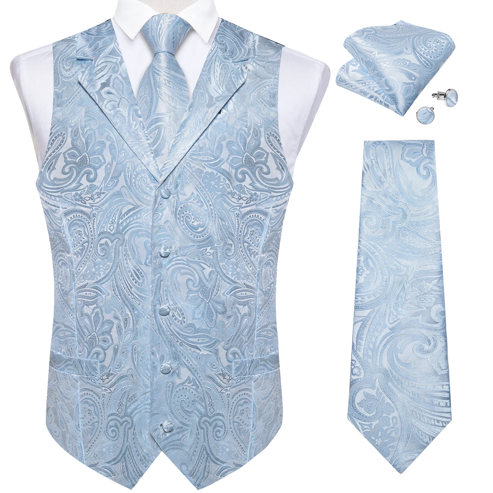 New Arrival Light Blue Men\'s Vest for Business Party Groom Wedding Paisley Waistcoat Handkerchief Cufflinks Set for Man Tuxdo