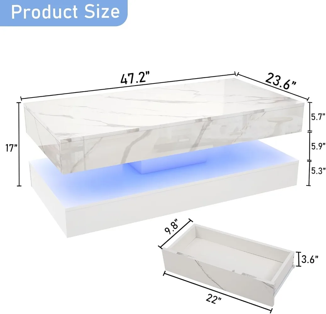 47inch Large High-Glossy LED Coffee Table with 2 Sliding Drawers, Living Room Storage Tables with Marbling Print