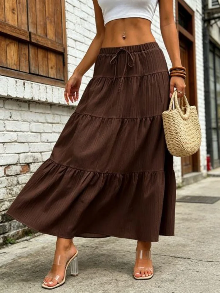 Summer Women'S Elegant, Fashionable, Casual Plus Size Bohemian Vacation Beach Style Solid Color Elastic Waist High Waisted Skirt