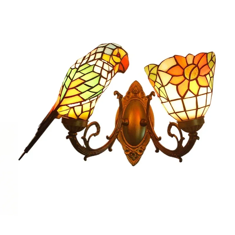 

Double Heads Tiffany Wall Lamp Stained Glass Parrot with Aquarius Lantern Vintage Antique Lighting Decor Hall Wall Light Sconce