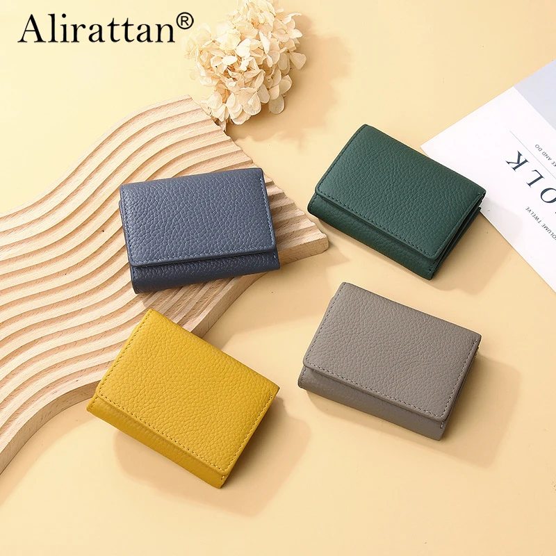 

Alirattan 2024 New Genuine Leather Wallet Women's Short Zipper Small Wallet Card Bag Multiple Card Positions Small Zero Wallet