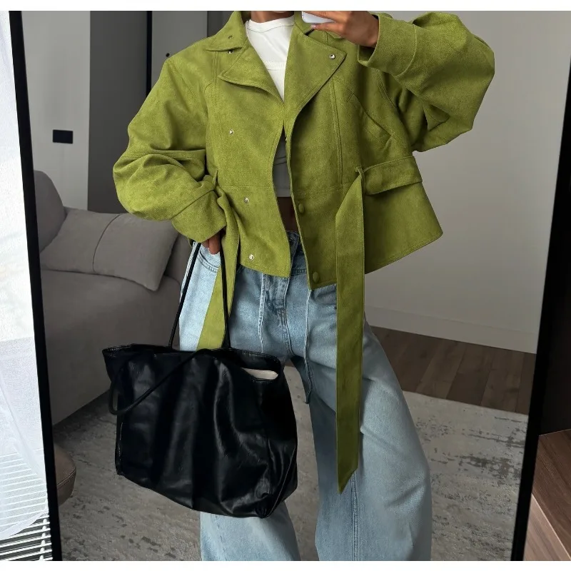 Elegant Green Belt Overcoat Women Autumn 2026 New Long Sleeve Pleated Lapel Lace Up Windbreaker Lady Daily Street Outerwears