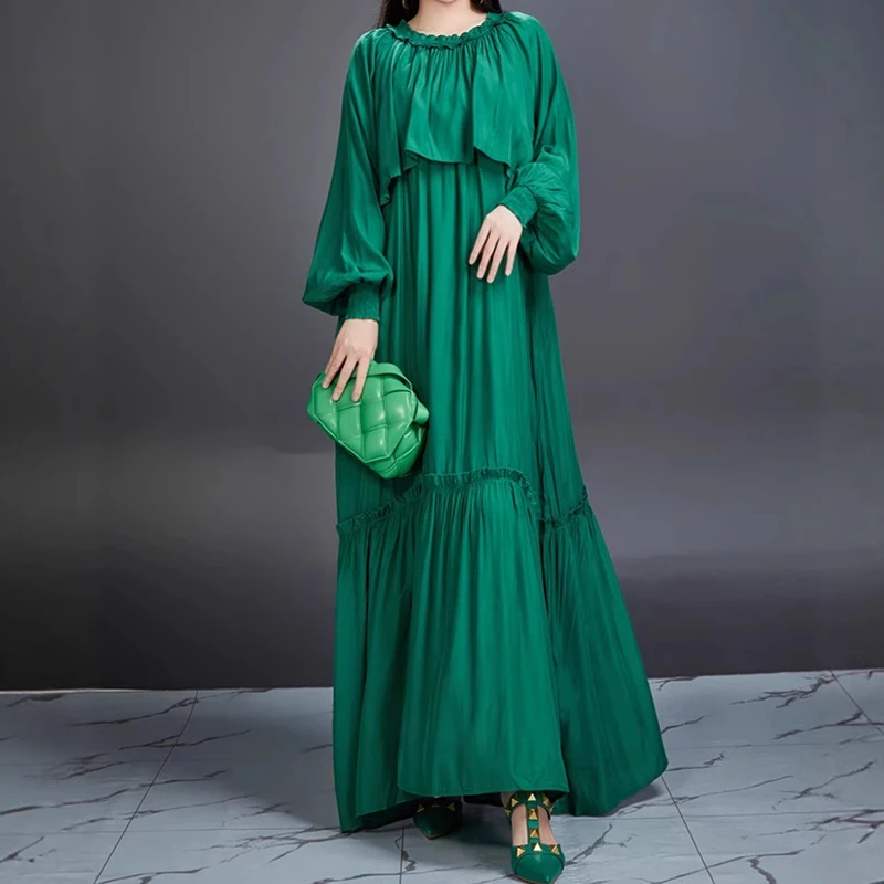 

Solid Lotus Leaf Edge Patchwork Loose Dresses Spring Women Lantern Sleeve Long Dress Autumn High Waist Ankle Length Beach Dress