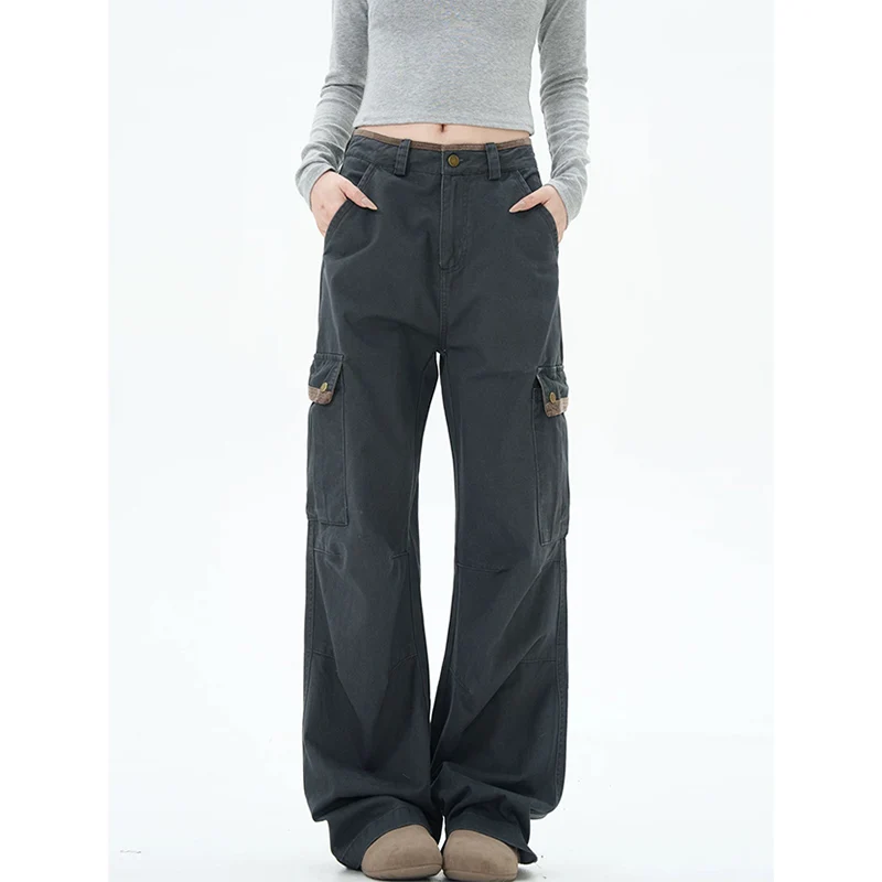 

2025 American Big Pockets Cargo Pants Fashion Patchwork Contrast Baggy Wide Leg Jeans Trend High Street Straight Leg Trousers