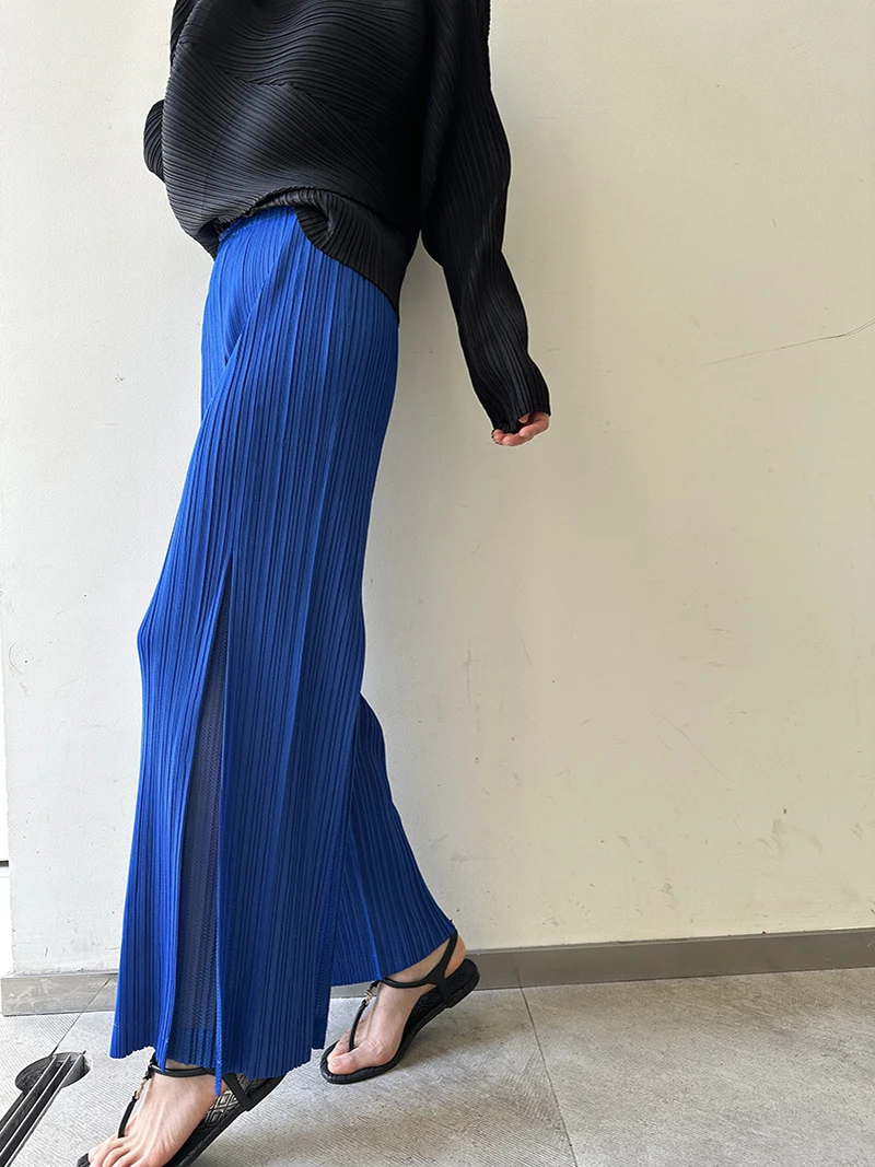 Miyake Pleated Mesh Spliced Casual Pants Women 2023 Summer Korean Fashion Designer Elastic Waist Cropped Straight Wide Leg Pants