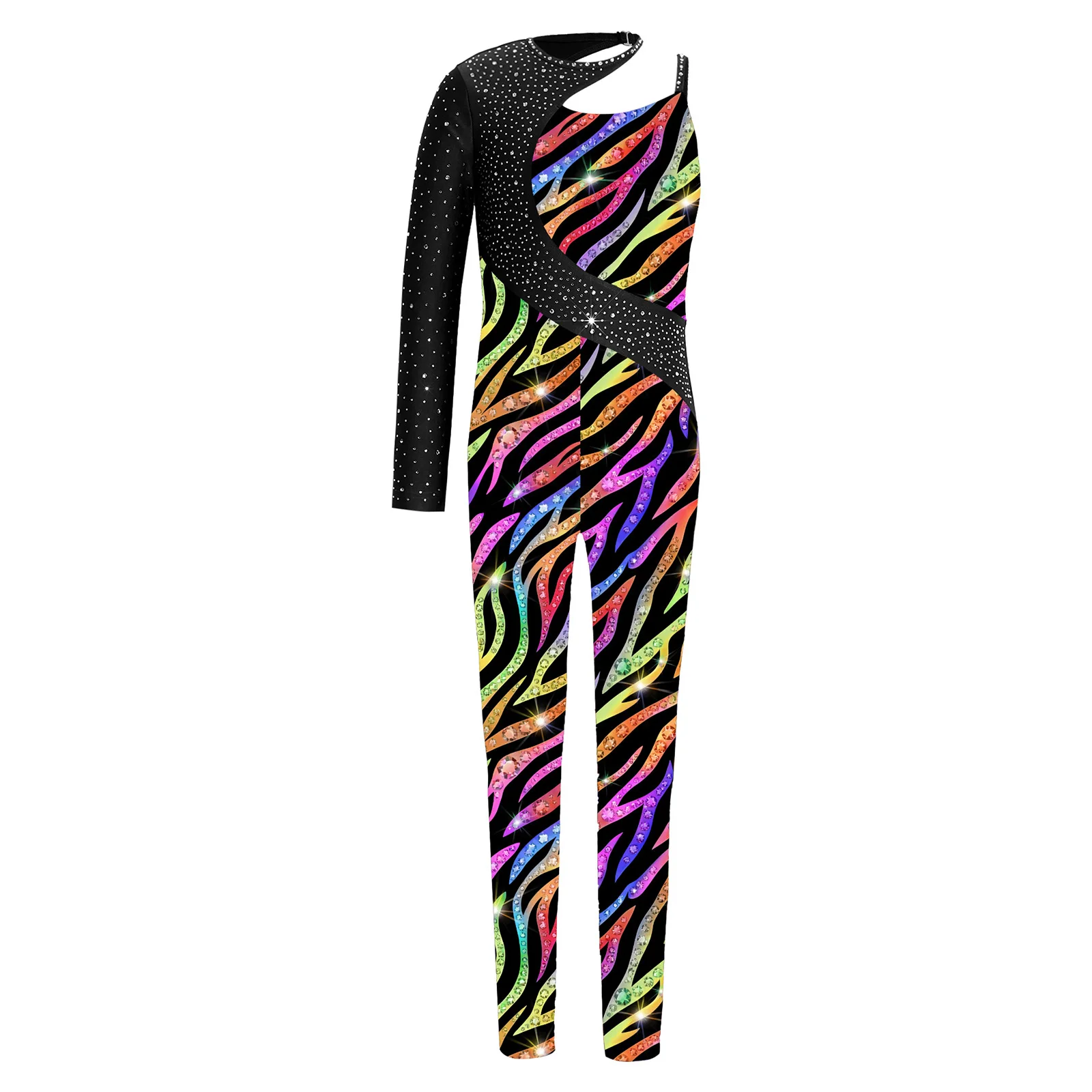 

Kids Girls Shiny Rhinestone Printed Gymnastics Dance Jumpsuit Asymmetrical Full Length Bodysuit for Performance Competition