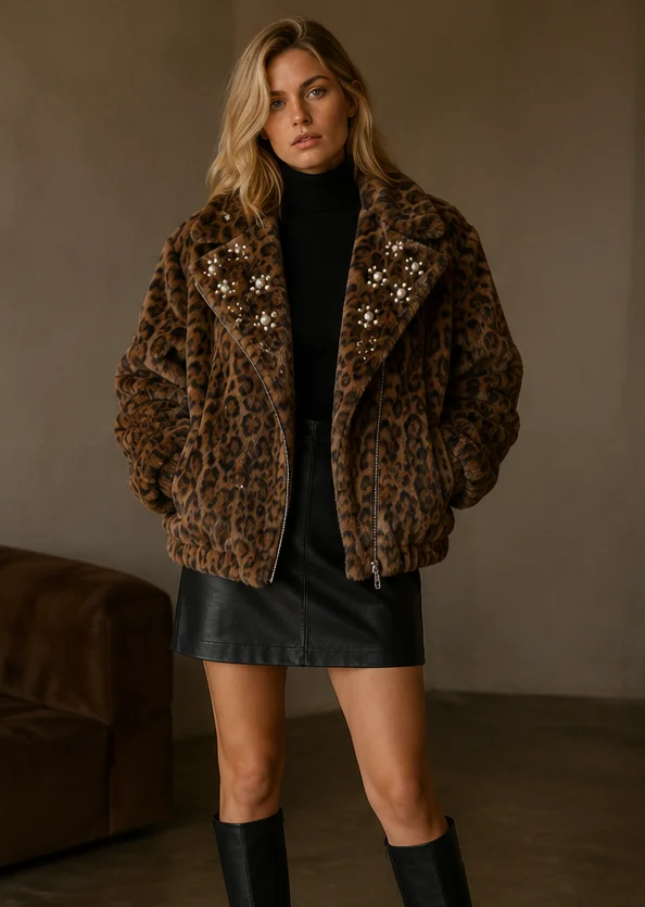 

Autumn Winter Leopard Print Fleece Lined Short Jacket Women Plus Size Long Sleeve Heavy Beaded Casual Outerwear