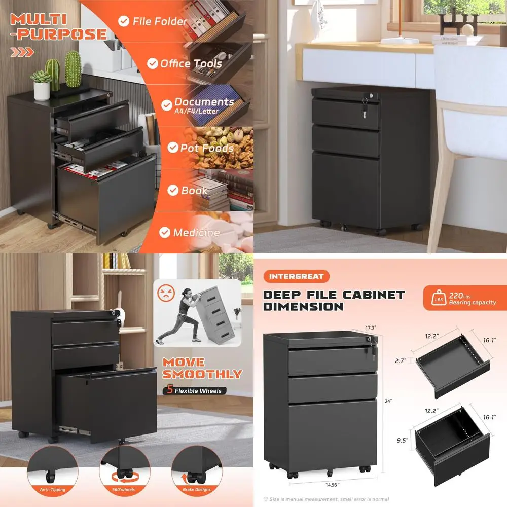 

Металлический шкаф для документов с 3 выдвижными ящиками, на колесиках, для домашнего офиса, подходит для документов формата Letter, Legal и A4 (черный, предварительно собран)