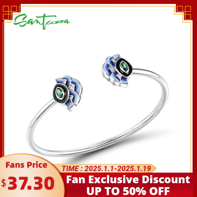 SANTUZZA Genuine 925 Sterling Silver Opened Bangle For Women Delicate Blue Fan Shape Enamel Wedding Gift Fashion Fine Jewelry