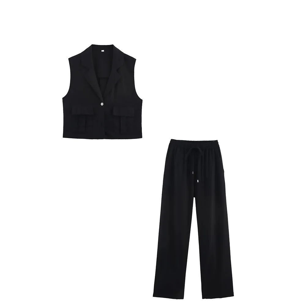 

ZBZA Women's Slim Suit Vest Trousers Set Lapel Single Button Cropped Top Lace-up Straight-leg Pants Spring Summer New Chic Set