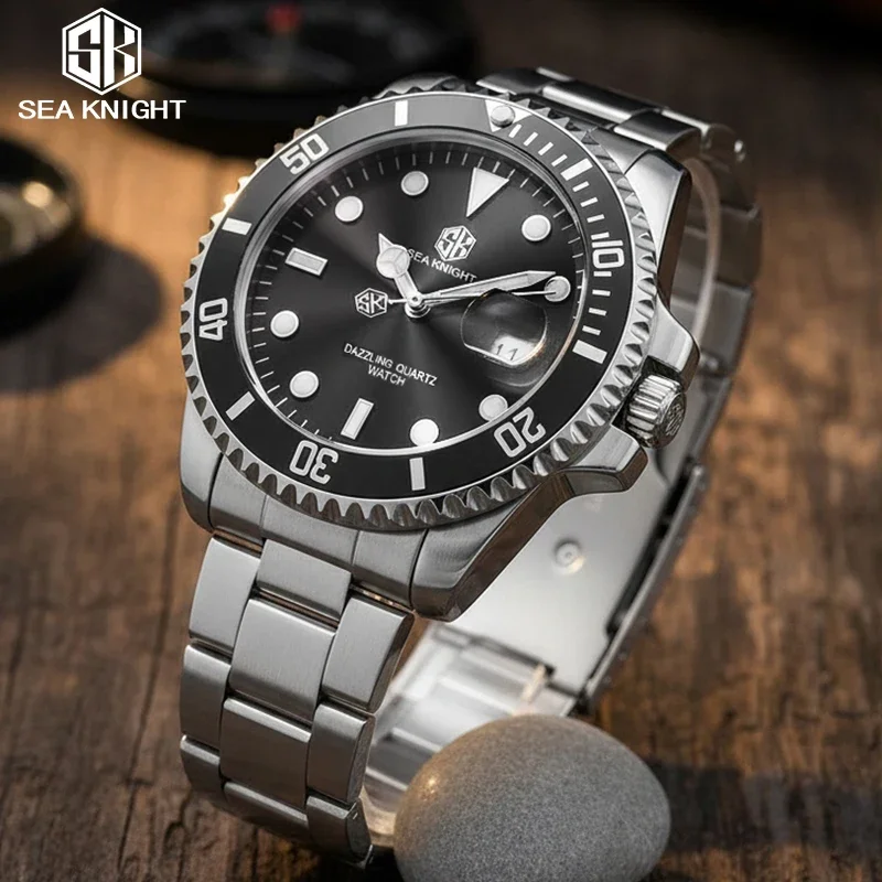 SEA KNIGHT Top Man Business Watch Fashion Steel Strap Rotatable Bezel Luminous Date Display 3Bar Waterproof Quartz Watch