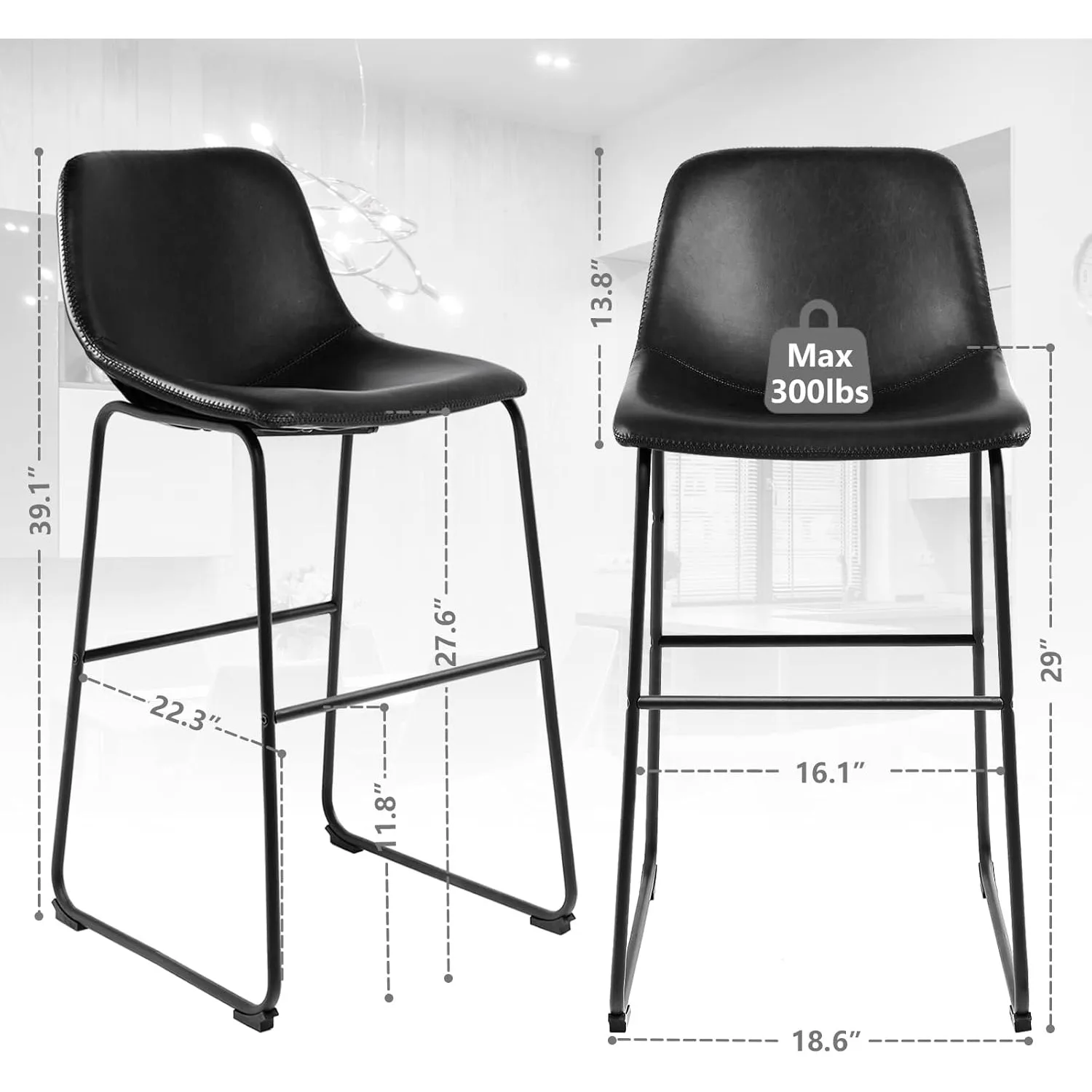 Barhocker aus PU-Leder mit Rückenlehne und Fußstütze, 2er-Set, schwarzer moderner Barhocker in Barhöhe für Pub, Kaffee, Zuhause, Esszimmer, Küche