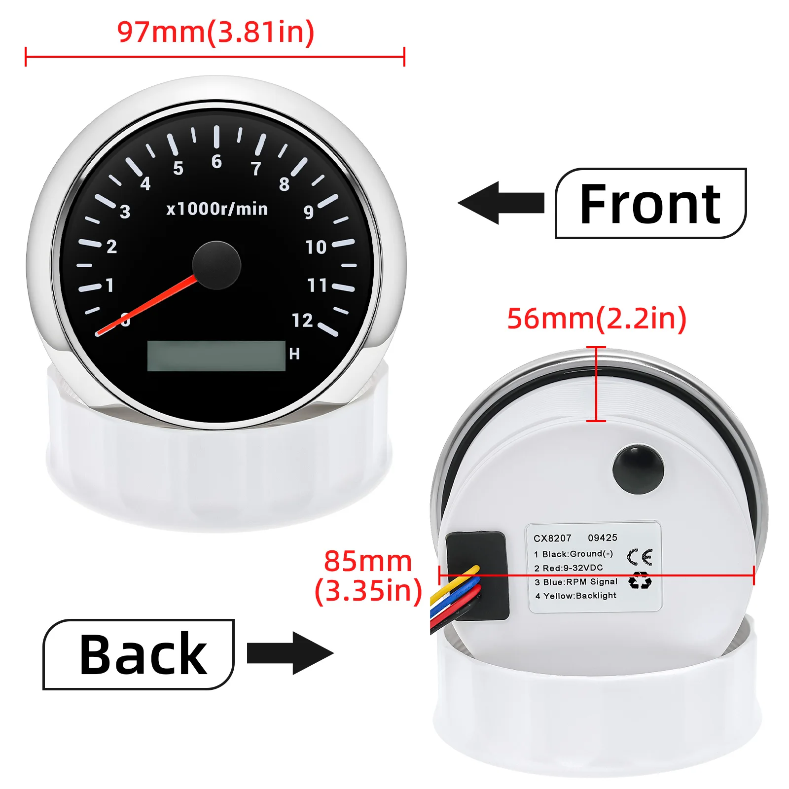 85MM Tachometer 0-12000RPM Waterproof Accessories Auto Gauge Hour Rev Counter 12K Rpm Red Backlight Electrical Gauge For 12V 24V