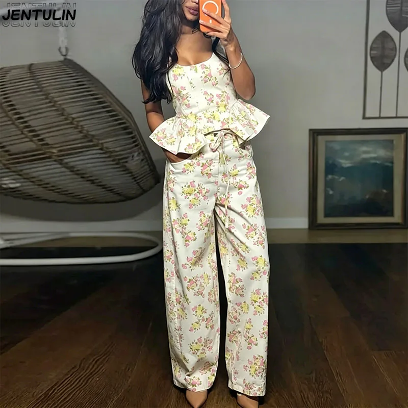 Elegante Conjunto de Chaleco y Pantalón Estampado para Mujer, Sin Mangas, con Volantes, Pantalones Anchos, Conjunto de 2 Piezas para Dama, Primavera Verano 2026