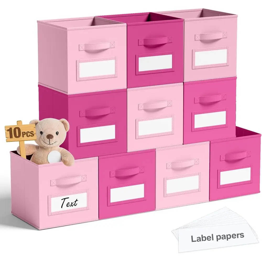 

11 Collapsible Fabric Storage Cubes with Window Labels for Nursery, Clothes, Books, Toys, and Holiday Decorations (Pink, Rose Re