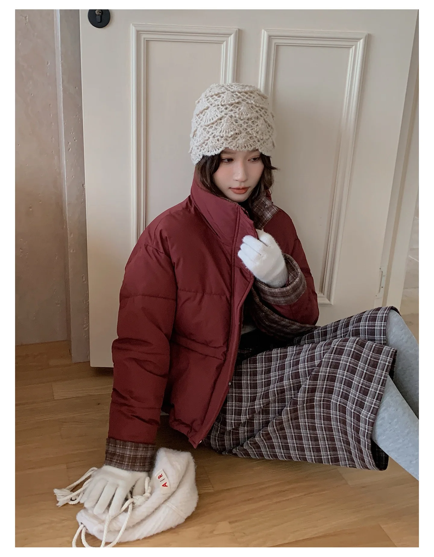 American Plaid Patchwork Puffer Jacket Women Winter Thick Stand Collar Short Parkas Woman Korean Casual Preppy Style Outerwear