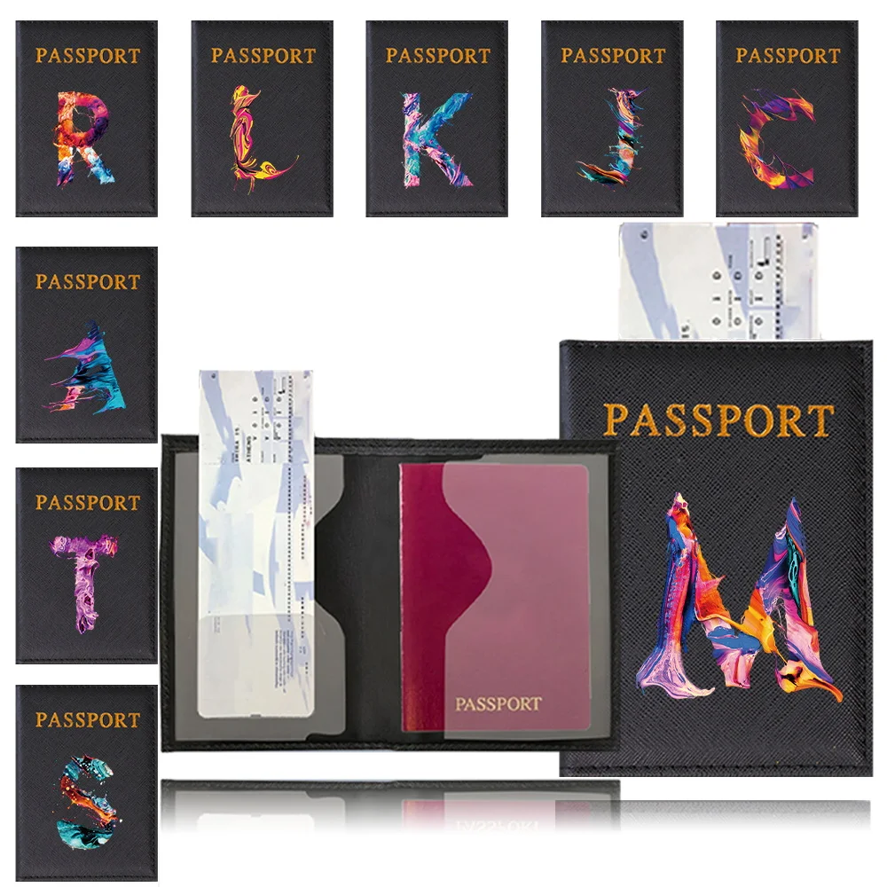 Passport Cover PU Waterproof Case for Passport Wallet Black Color Credit Card Holder Protective Case Print Paint Letter Series