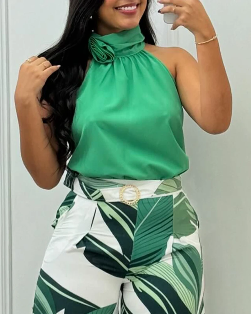 Ladies 2 Piece Pants Set 2025 Summer Green Cold Shoulder Printed Sleeveless O-Neck Tops +High Waist Wide Leg Pants Party Street