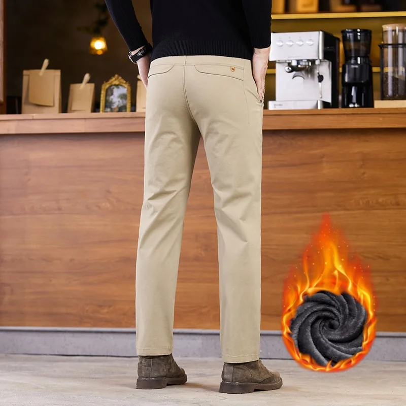 

2025 Winter Men's High-quality Wool Pants, 97% Cotton, Elastic Fleece, Thick, Business Straight Pants, Black and Navy Blue Gray