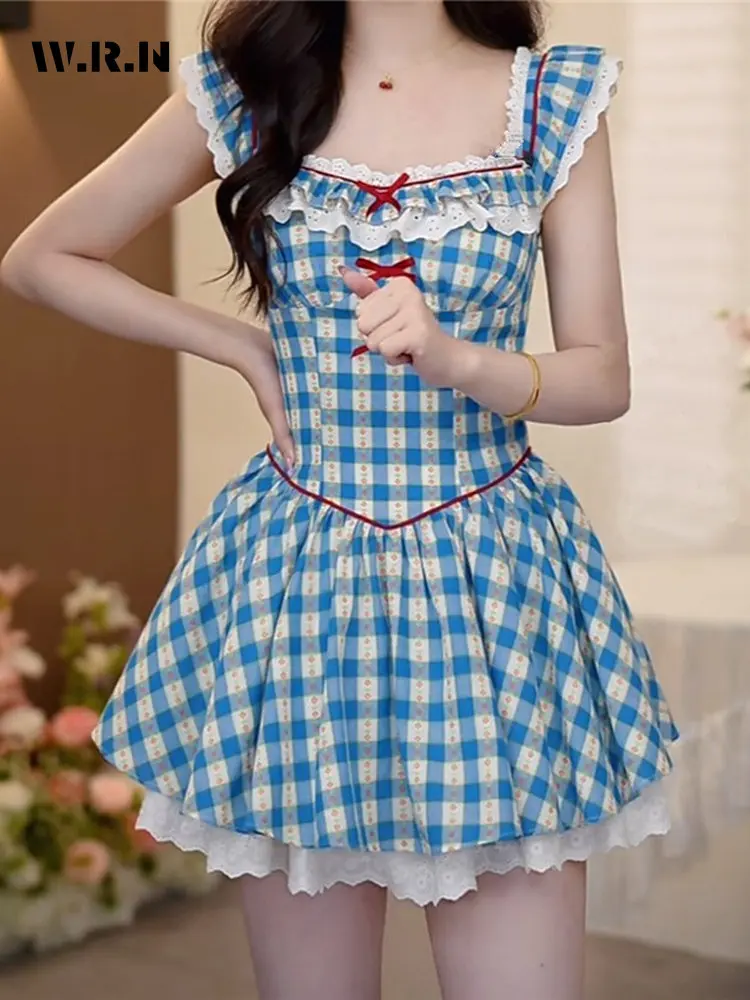 

Fairy Sweet Sleeveless Slash Neck Plaid Print Dresses 2025 Summer Women Elegant Sexy Slim Fit Lace Patchwork Thin Camisole Dress