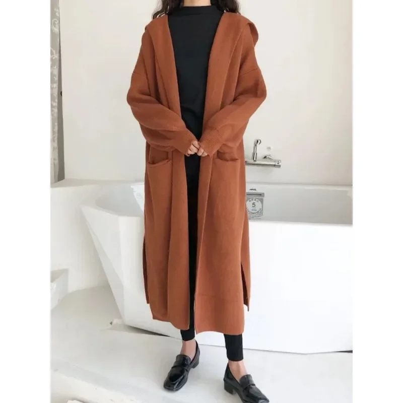 

Fashion Women Sweaters Autumn/Winter Solid Hooded Knitted Cardigan Loose Long Coat Top Oversized Womens Clothing N53