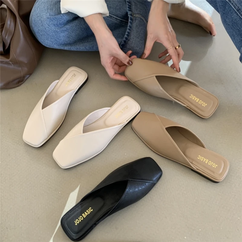 RUANDAI Baotou PU Fashion New Wearing Outside 2024  Women Fashionable Shoes Summer Slippers Solid Color Sandals Slippers Women