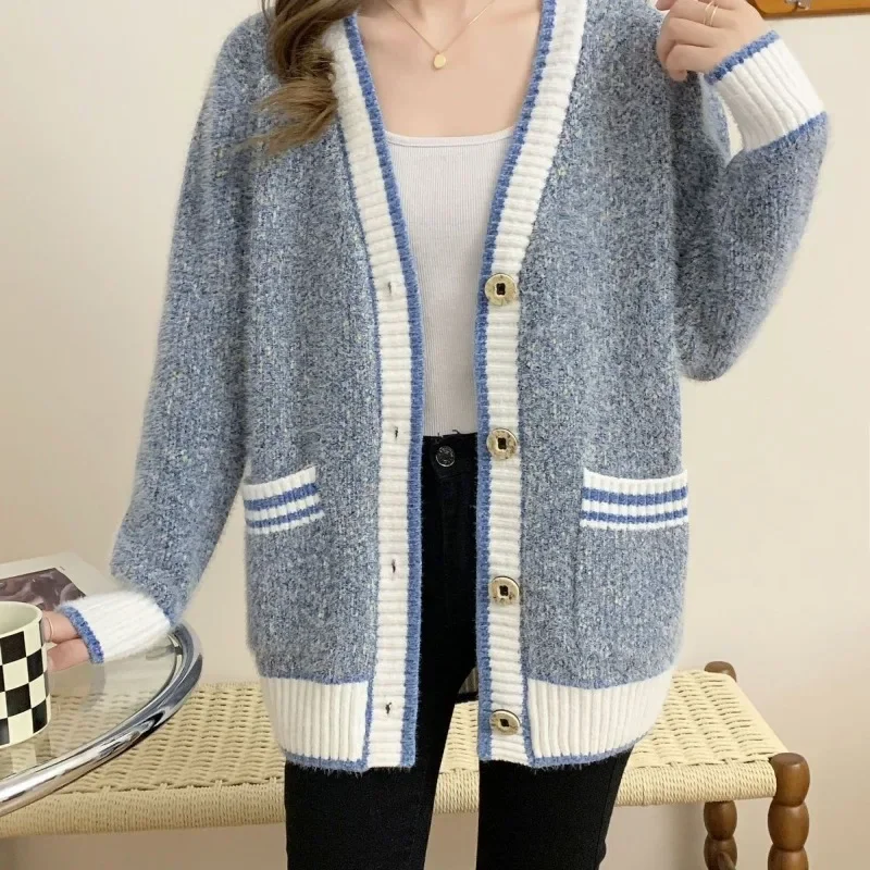 Women's V-neck Cardigan Button Striped Pocket Knitted Sweater Autumn and Winter Korean Loose Sweater Long Sleeved Fashion Coat