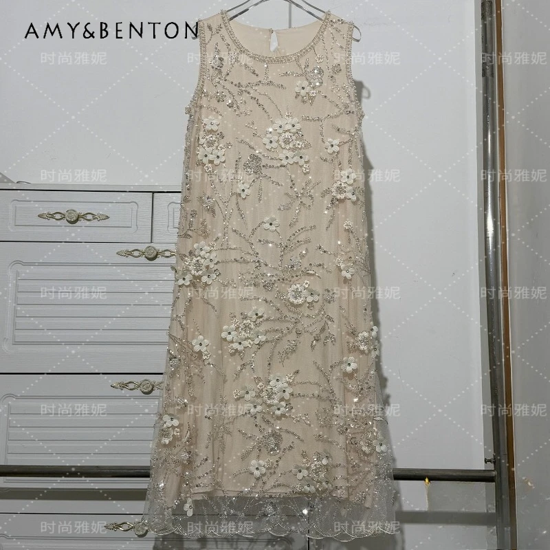 

European And American Style 3D Floral Lace Sexy Sleeveless Dresses Elegant Temperament Sequin Beaded Pearl Party Wedding Dress