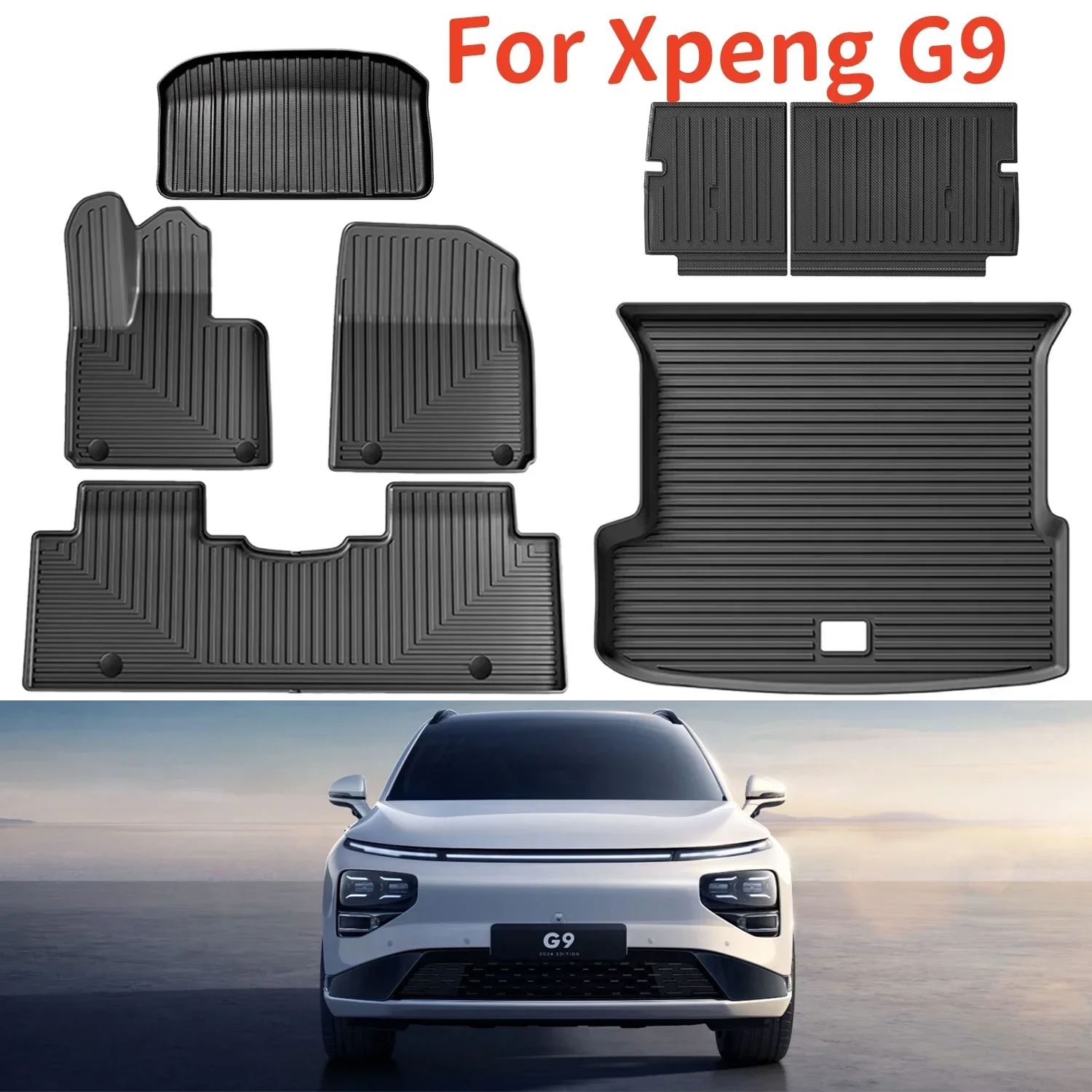 for2022-2024 Xpeng G9 TPE foot mats and cargo compartment liner, all-weather floor liner trunk mat TPE heavy duty waterproof mat