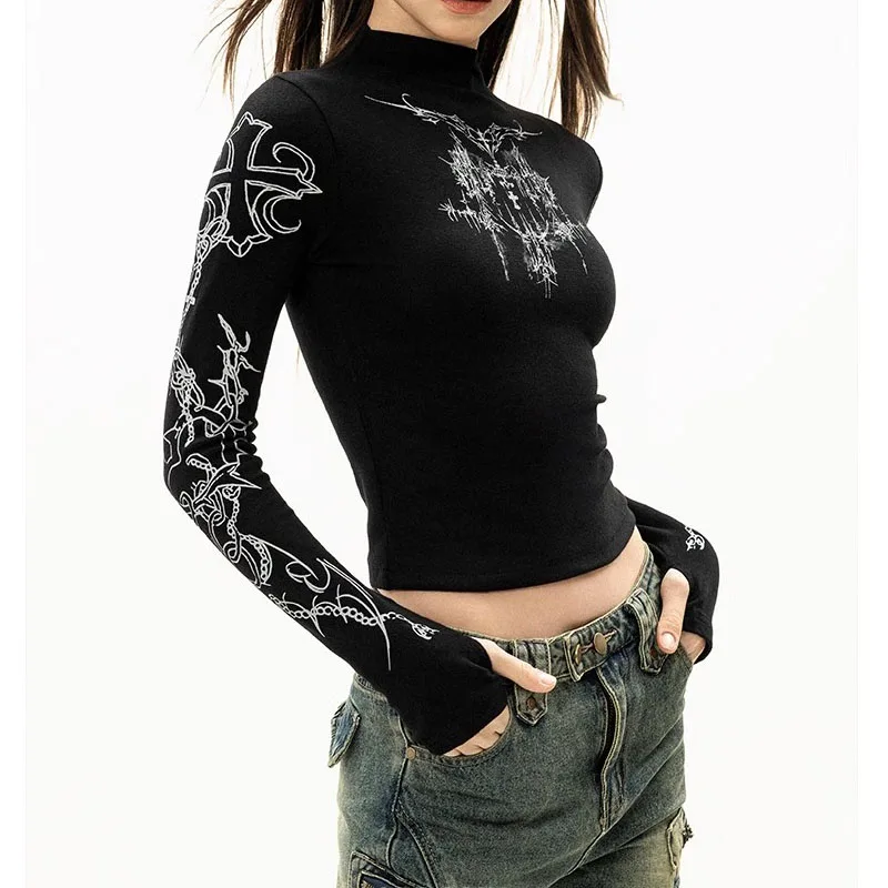 Grunge Women T-Shirt Y2k Aesthetics Half high neck Tees Graphical Print  Long Sleeve Sheer Tops Punk Alternative Crop Tops EMO