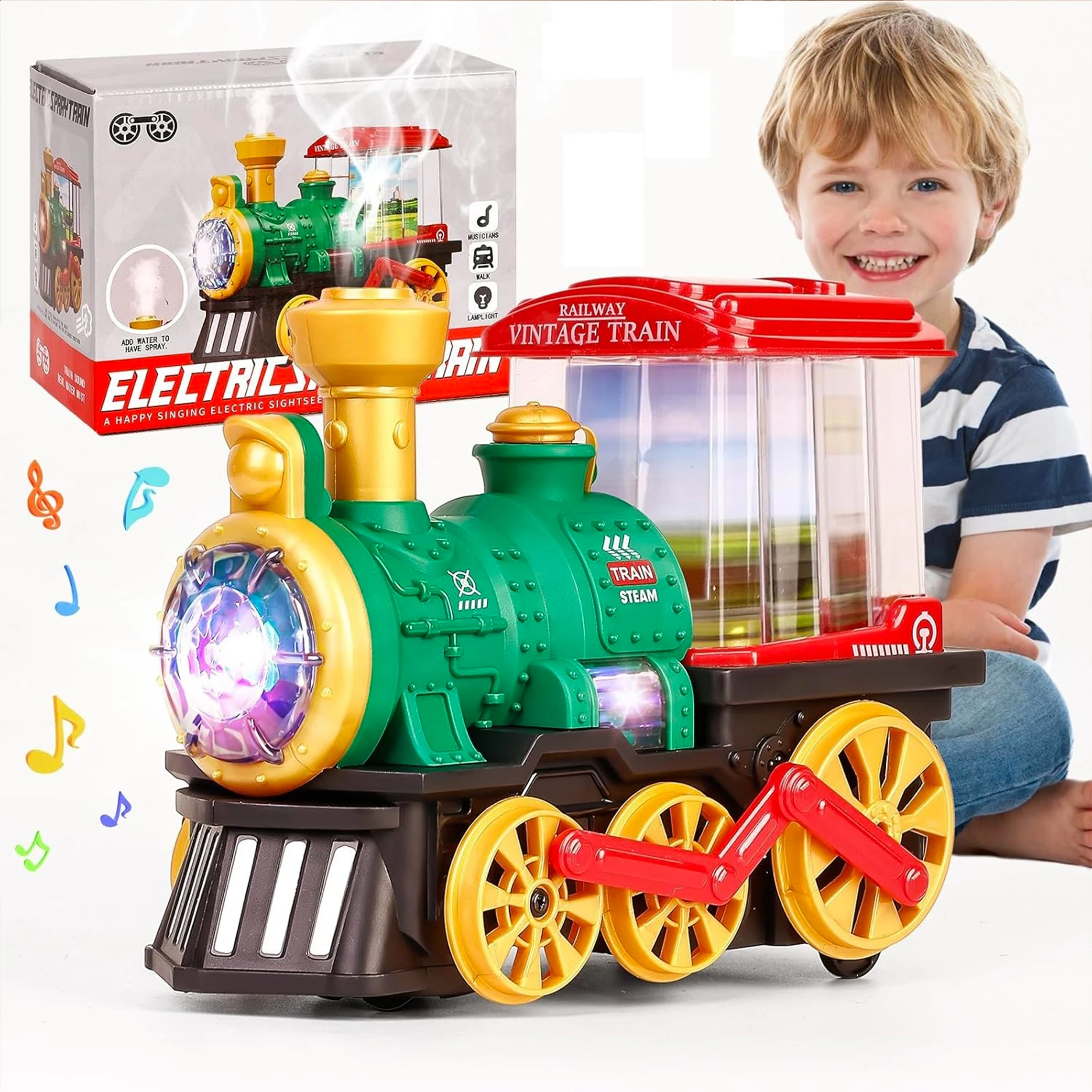 Brinquedo de trem a vapor elétrico, caminhão colisão com locomotiva a vapor, fumaça, luzes e sons, caminhão de trem de Natal giratório de 360 graus Brinquedo de trem a vapor elétrico, caminhão colisão com locomotiva a vapor, fumaça, luzes e sons, caminhão de trem de Natal giratório de 360 graus
