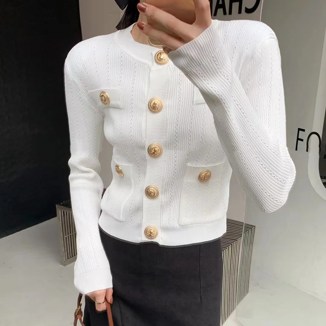 New Autumn Women's Knitted Sweater Korean Fashion White Cardigan Long Sleeve Round Neck Casual Knitwear Tops Female Clothing