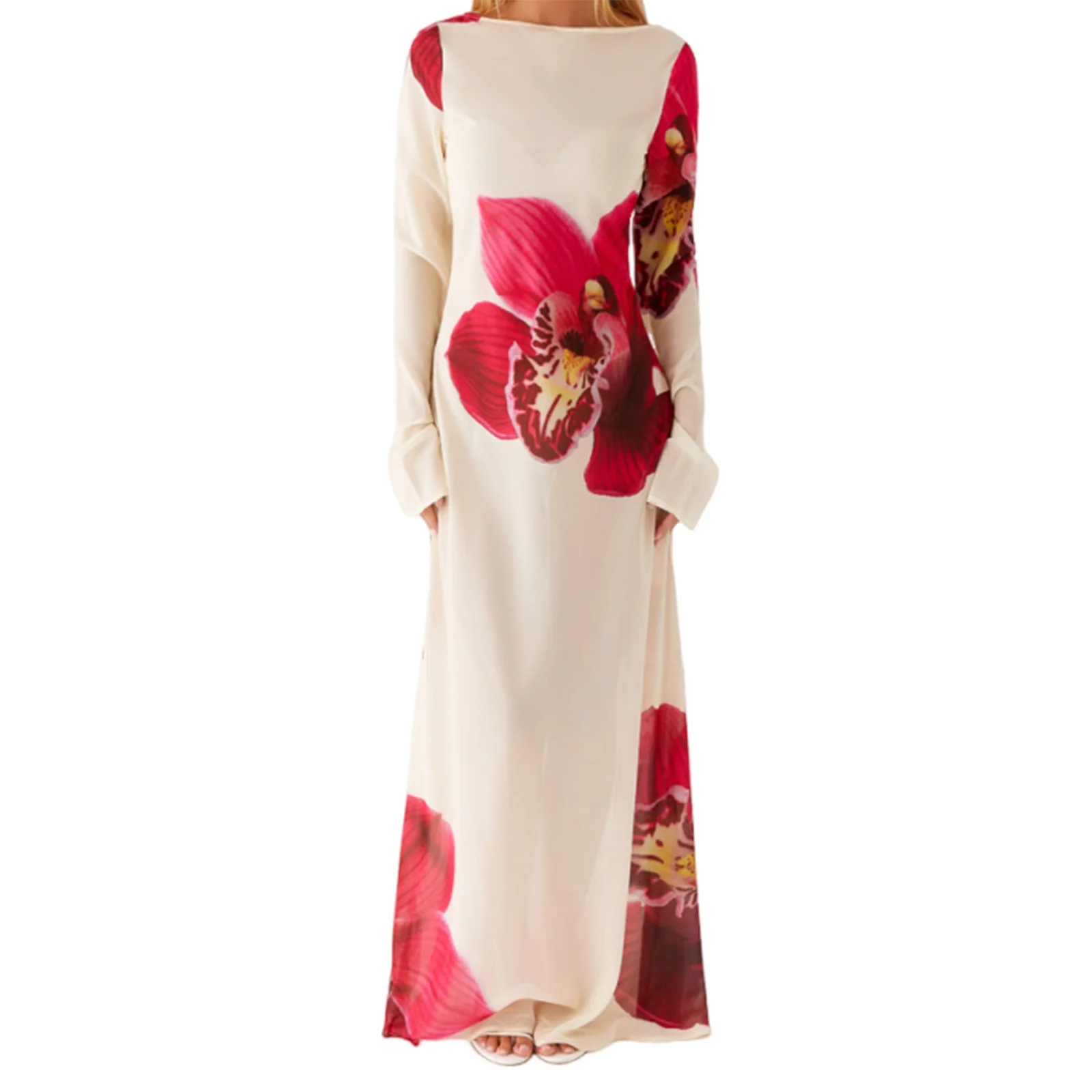 Abito lungo da donna con stampa floreale, scollo a barca, maniche lunghe, vestibilità in rete trasparente, per la spiaggia estiva