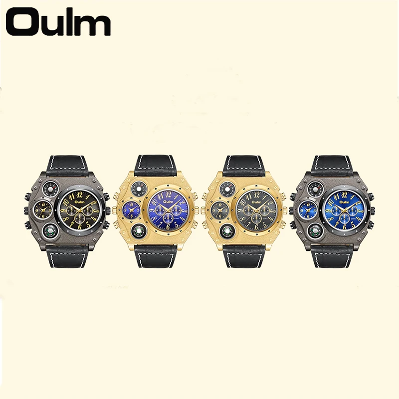 Oulm New Style Unique Designer Brand Men Sports Watch Multiple Time Zone Quartz Watch Leather Strap Mens Watch Relogio Masculino