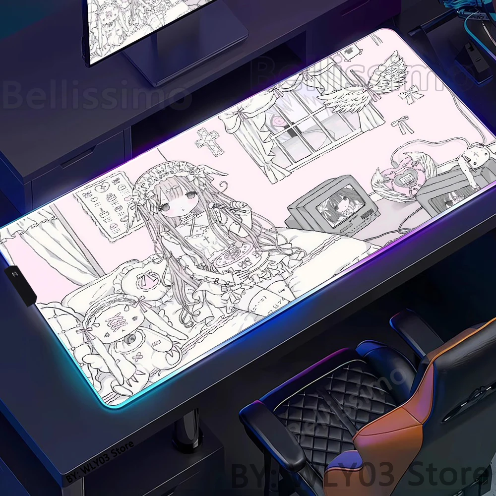 แผ่นรองเมาส์การ์ตูนสีชมพูขนาดใหญ่ RGB สำหรับเล่นเกมส์ แผ่นรองโต๊ะคอมพิวเตอร์ลายอนิเมะสาวน่ารัก แผ่นรองเมาส์สำหรับสำนักงาน อุปกรณ์เสริมโต๊ะทำงาน แผ่นรองเล่นเกมส์ LED