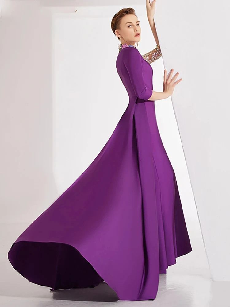 Half Sleeves Purple Evening Dress O-neck Sequins Beadings Formal Occasion Prom Gown Women Elegant Mother of the Bride Dresses