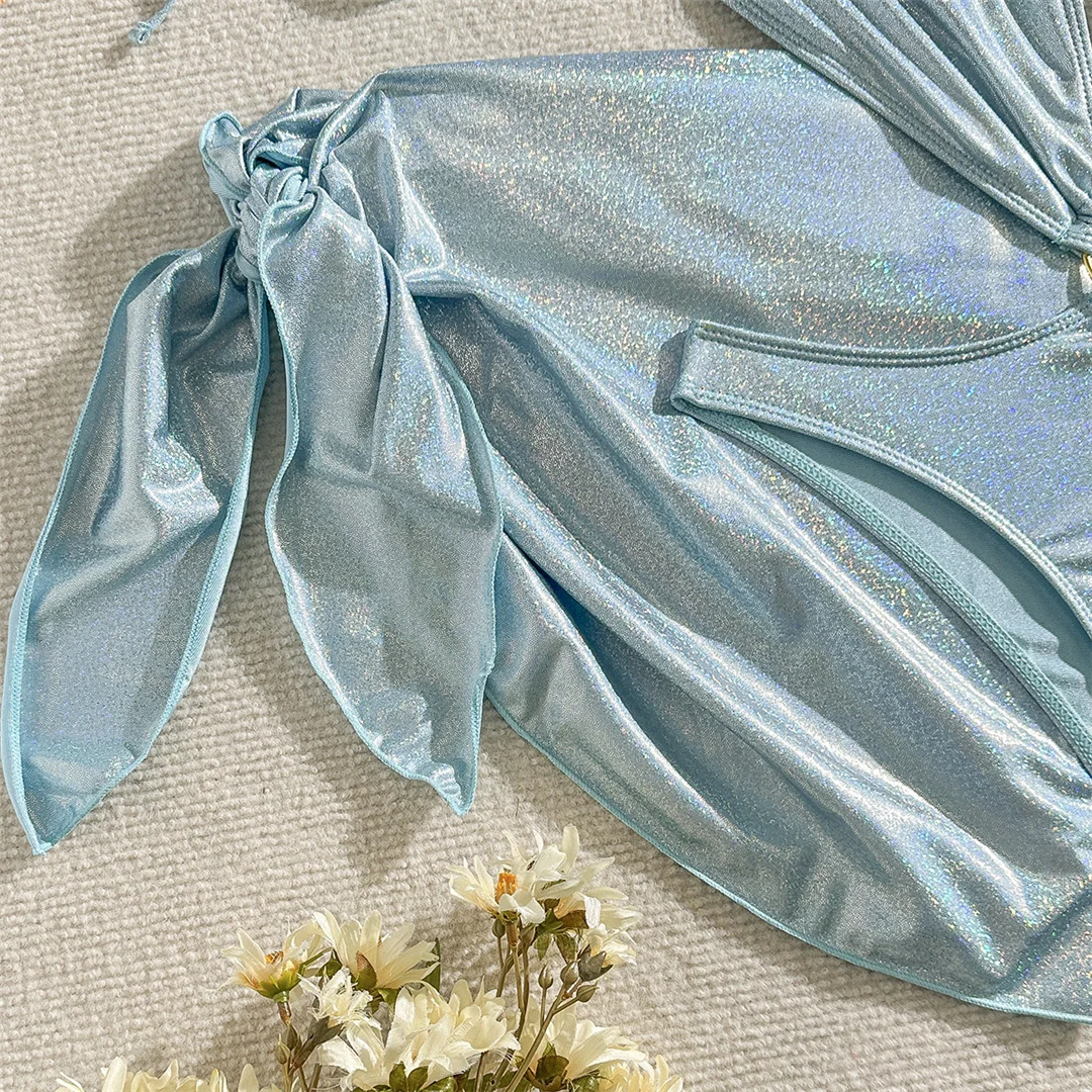 Mit Sarong Glitzer Funkelnder Einteiliger Badeanzug mit tiefem V-Ausschnitt für Damen, Badebekleidung, Damen-Badeanzug mit Ausschnitten und Neckholder, Badeanzug V5754 – Detail 32