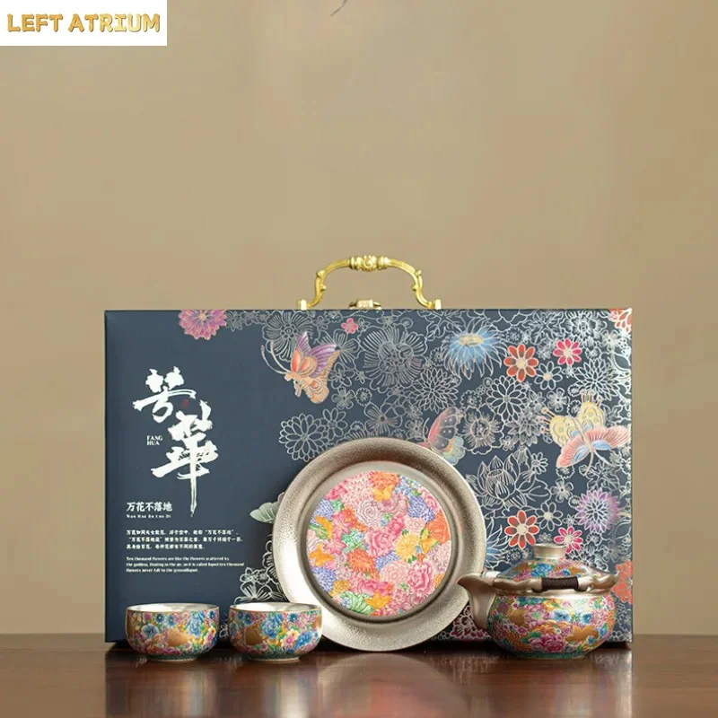 

Gilded Silver Colour Enamel Tea Set Complete Set Creative Tea Ceremony Brewing Teapot And Cup Cafes Decoration