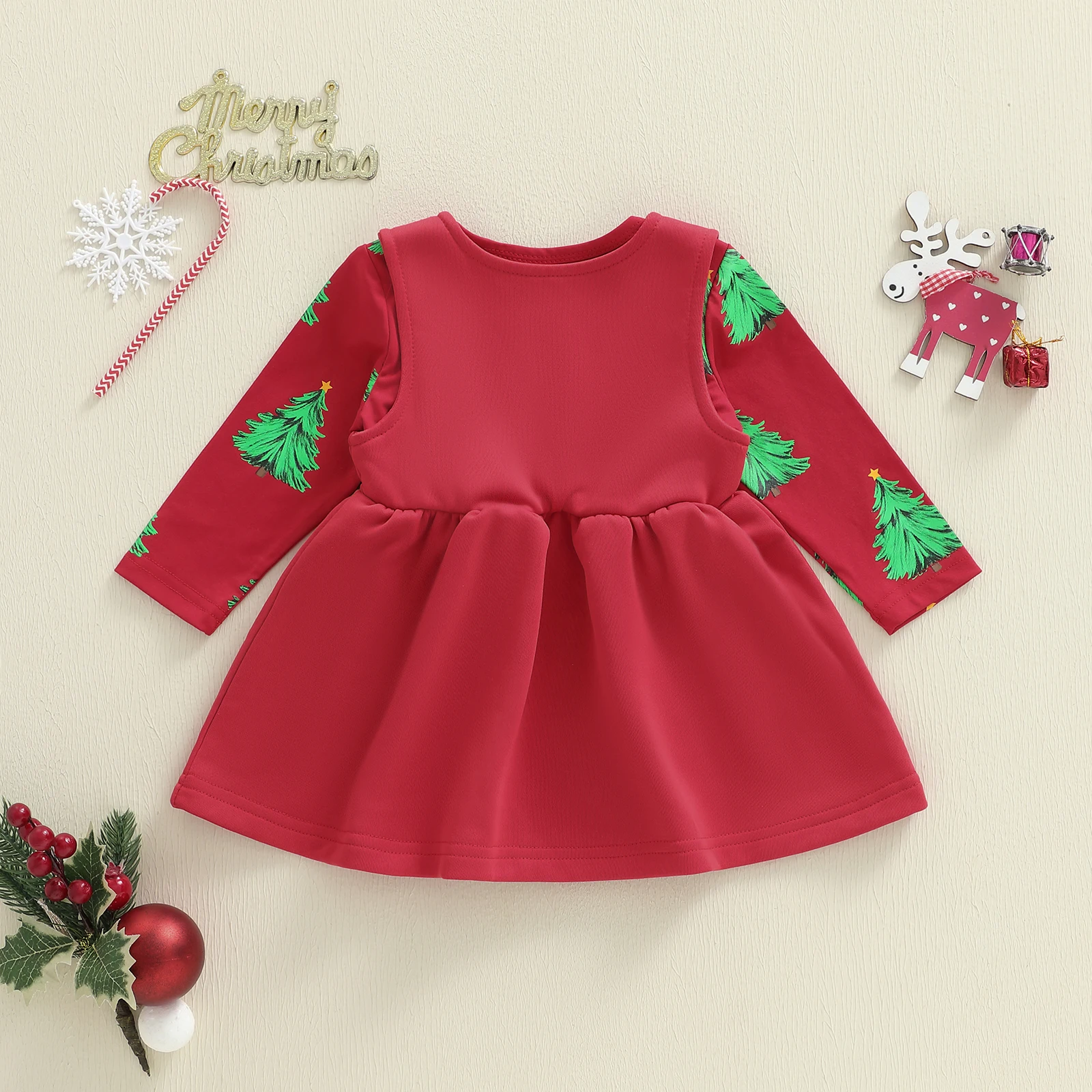 

Newborn Baby Girl Christmas Outfit Toddler Infant Tree Print Long Sleeves Romper Red Santa Claus Suspender Skirt Sets
