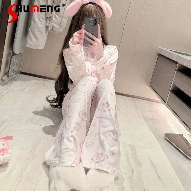 

Sweet Pure Desire Lace Sleep Set for Ladies Patchwork Velvet Slimming Pajama Suits Women's Japanese Fleece Girl Homewear