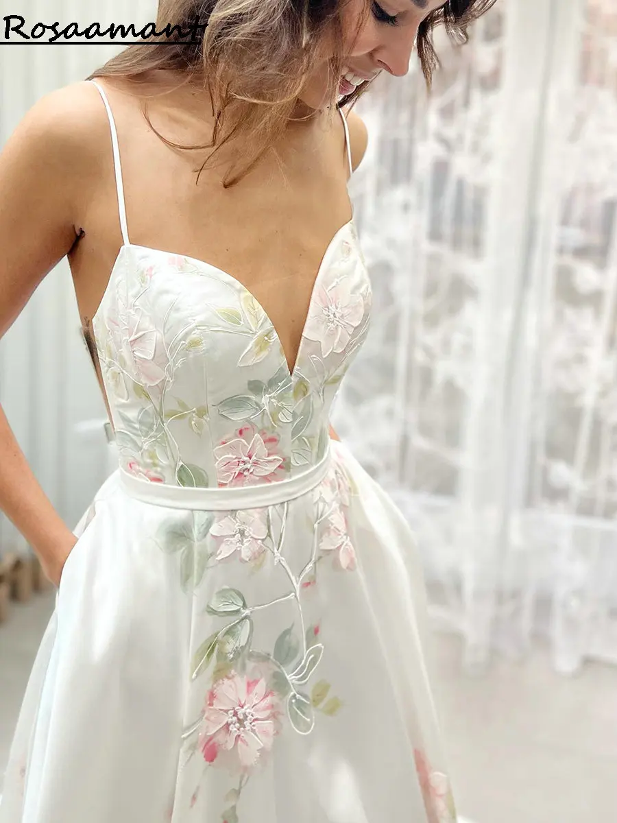 Simple Spaghetti Straps Floral Printing A-Line Wedding Dresses Sweetheart Open Back Bridal Gowns